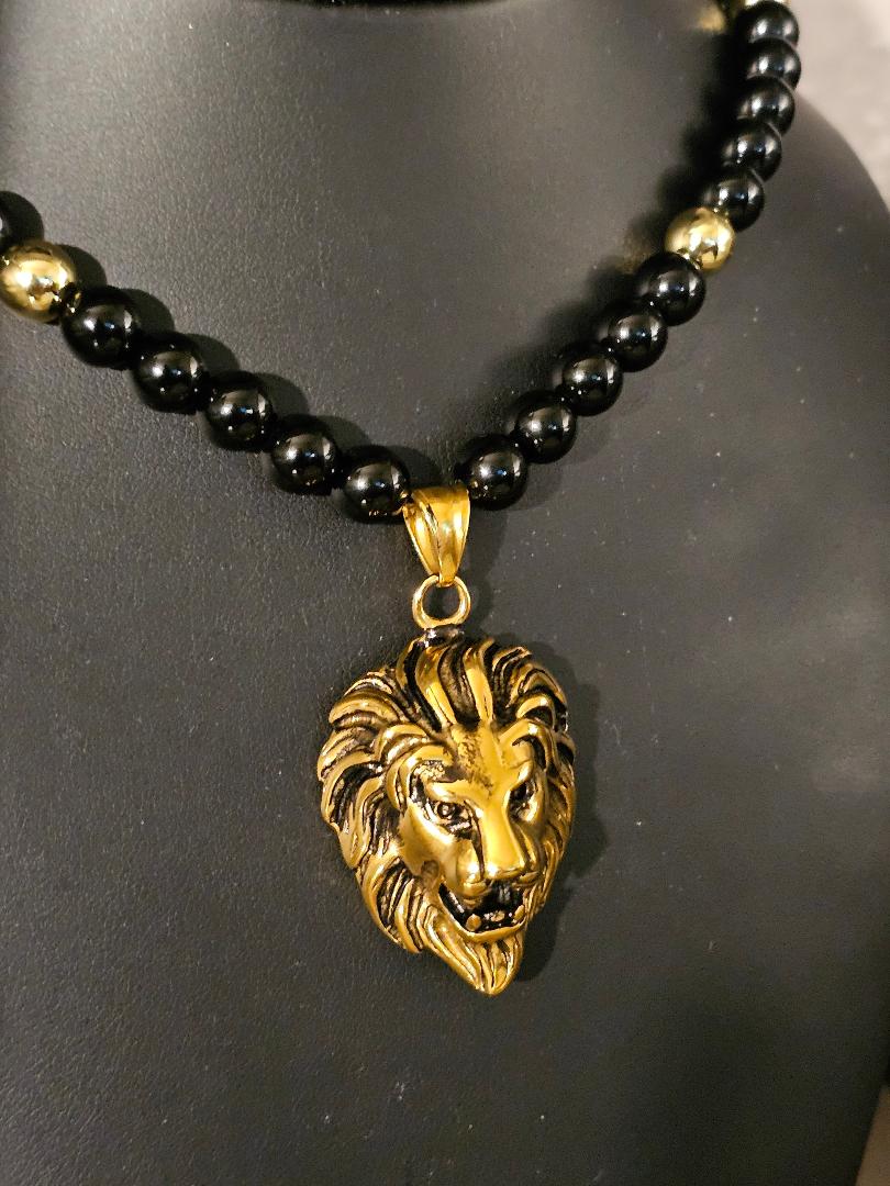 Lion of Judah Black Onyx and Gold Beaded Necklace Unisex