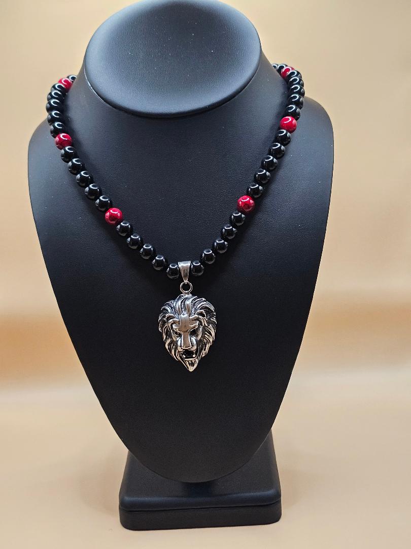 Lion of Judah Necklace Black Onyx and Red Beaded Necklace Unisex